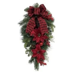 Holiday Living Indoor Artificial Christmas Teardrop Wreath Red Poinsettia And Green 28-in