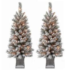 Holiday Living Set Of Two 4-ft Pre-Lit Frosted Porch Christmas Trees