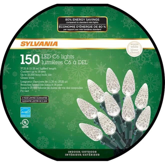 Sylvania 150-Count Indoor/Outdodor Warm White LED C6 Christmas String Lights 4 Sylvania 150-Count Indoor/Outdodor Warm White LED C6 Christmas String Lights - Image 2