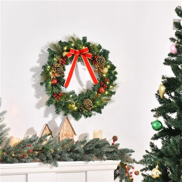 HomCom 24-in Pre-Lit Battery-Operated Green Spruce Artificial Christmas Wreath With 20 Warm White LED Lights 4 HomCom 24-in Pre-Lit Battery-Operated Green Spruce Artificial Christmas Wreath With 20 Warm White LED Lights - Image 2
