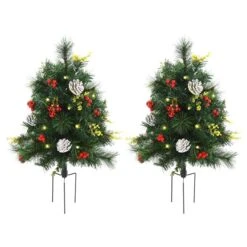 HomCom 2.5-ft Pre-Lit Leg Base Full Rightside-Up Green Artificial Christmas Tree With 24 Warm White LED Lights - Set Of 2