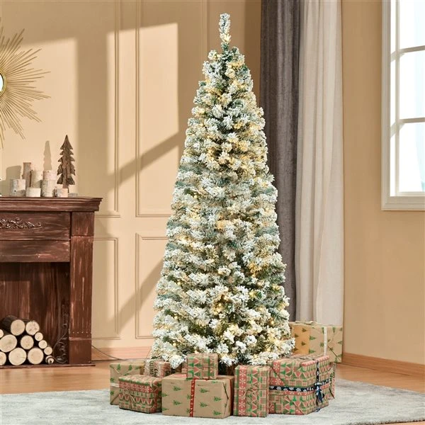 HomCom 6-ft Pre-Lit Leg Base Slim Rightside-Up Flocked Green Artificial Christmas Tree With 250 Sparkling White Warm LED Lights 4 HomCom 6-ft Pre-Lit Leg Base Slim Rightside-Up Flocked Green Artificial Christmas Tree With 250 Sparkling White Warm LED Lights - Image 2