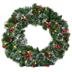 Costway 24-in Pre-Lit Indoor/Outdoor Battery-Operated Green Berry Artificial Christmas Wreath With Warm White LED