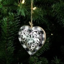 Northlight 4.25-in Black And White Buffalo Plaid Heart With Reindeer Christmas Ornament