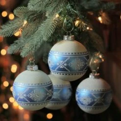 Northlight 4-in Blue And White Nordic Fair Isle Glass Ball Christmas Ornaments - 4-Piece