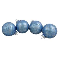 Northlight Plaid Glitter Glass Christmas Ornament Blue Ball Set 2.75-in 4/pk