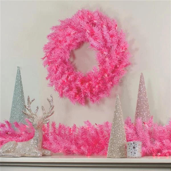 Northlight 36-in Pre-Lit Pink Spruce Artificial Christmas Wreath - Pink Lights 6 Northlight 36-in Pre-Lit Pink Spruce Artificial Christmas Wreath - Pink Lights - Image 4