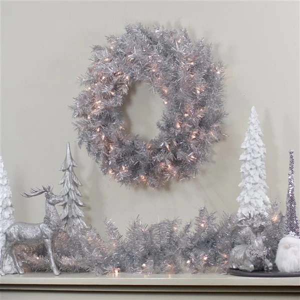 Northlight 24-in Silver Tinsel Artificial Christmas Wreath - Clear Lights 4 Northlight 24-in Silver Tinsel Artificial Christmas Wreath - Clear Lights - Image 2
