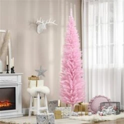 HomCom 7-ft Leg Base Pencil Pine Pink Artificial Christmas Tree