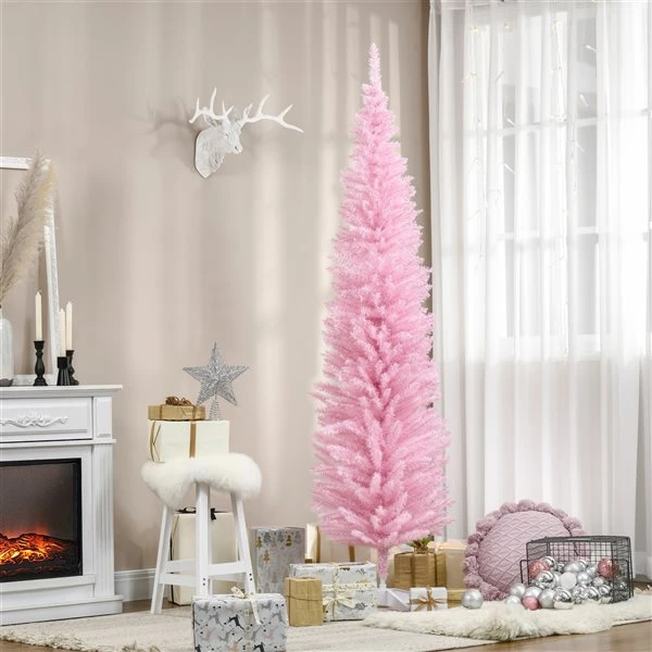 HomCom 7-ft Leg Base Pencil Pine Pink Artificial Christmas Tree 3 HomCom 7-ft Leg Base Pencil Pine Pink Artificial Christmas Tree