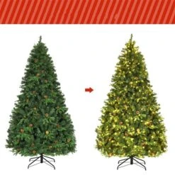 Costway 7-ft Pre-Lit Artificial Christmas Tree Hinged With 460 LED Lights And Pine Cones