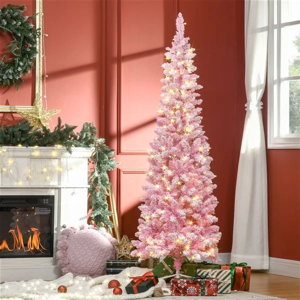 HOMCOM 6-Ft Pencil Snow Artificial Christmas Tree With LED Light - Pink 7 HOMCOM 6-Ft Pencil Snow Artificial Christmas Tree With LED Light - Pink - Image 5