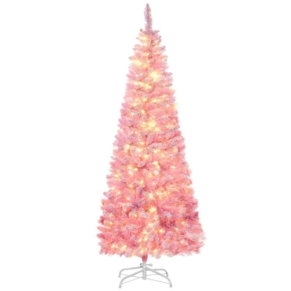 HOMCOM 6-Ft Pencil Snow Artificial Christmas Tree With LED Light - Pink 4 HOMCOM 6-Ft Pencil Snow Artificial Christmas Tree With LED Light - Pink - Image 2