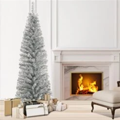 Costway 6-ft Silver Tinsel Tree Unlit Slim Pencil Christmas Tree With Metal Stand Home Decor -Northlight Paradise 331065157 AlternateImage2 l