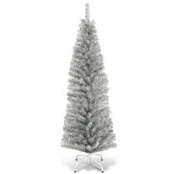 Costway 6-ft Silver Tinsel Tree Unlit Slim Pencil Christmas Tree With Metal Stand Home Decor