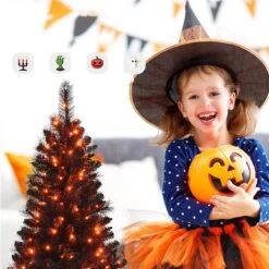 Costway 4-ft Pre-Lit Black Christmas Entrances Tree Potted Xmas With 100 Orange LED Lights