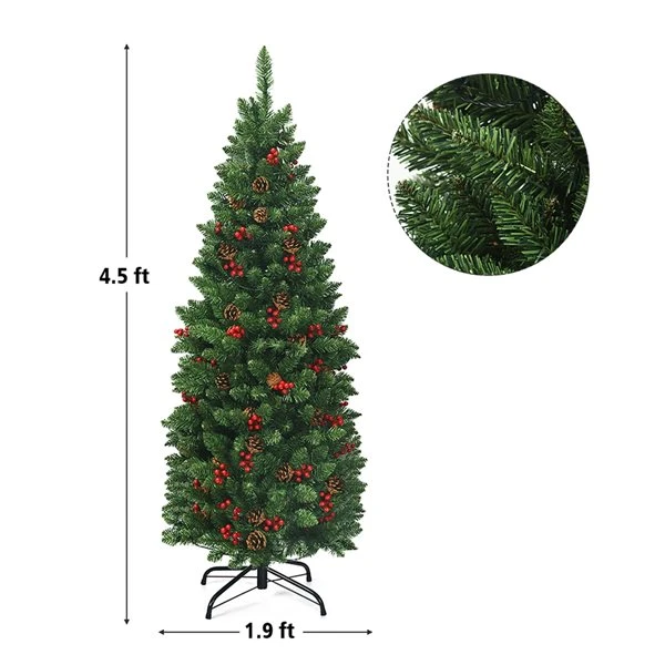 Costway 4.5-ft Pre-Lit Hinged Pencil Christmas Tree With Pine Cones Red Berries And 150 Lights 4 Costway 4.5-ft Pre-Lit Hinged Pencil Christmas Tree With Pine Cones Red Berries And 150 Lights - Image 2