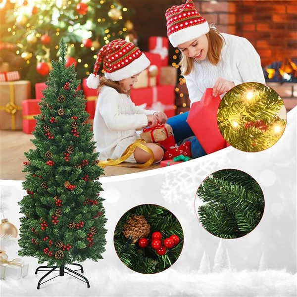 Costway 4.5-ft Pre-Lit Hinged Pencil Christmas Tree With Pine Cones Red Berries And 150 Lights 3 Costway 4.5-ft Pre-Lit Hinged Pencil Christmas Tree With Pine Cones Red Berries And 150 Lights
