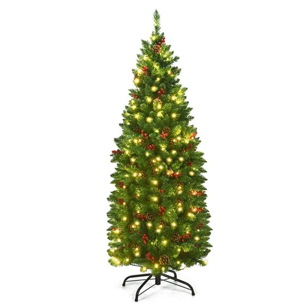 Costway 4.5-ft Pre-Lit Hinged Pencil Christmas Tree With Pine Cones Red Berries And 150 Lights 6 Costway 4.5-ft Pre-Lit Hinged Pencil Christmas Tree With Pine Cones Red Berries And 150 Lights - Image 4