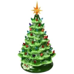 Costway 15-in Pre-Lit Hand-Painted Ceramic Tabletop Green Christmas Tree