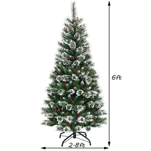 Costway 6 -ft Snow Flocked Artificial Christmas Hinged Tree With Pine Needles And Red Berries 6 Costway 6 -ft Snow Flocked Artificial Christmas Hinged Tree With Pine Needles And Red Berries - Image 4