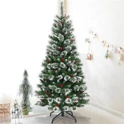 Costway 6 -ft Snow Flocked Artificial Christmas Hinged Tree With Pine Needles And Red Berries 9 Costway 6 -ft Snow Flocked Artificial Christmas Hinged Tree With Pine Needles And Red Berries -Northlight Paradise 331065165 AlternateImage4 l