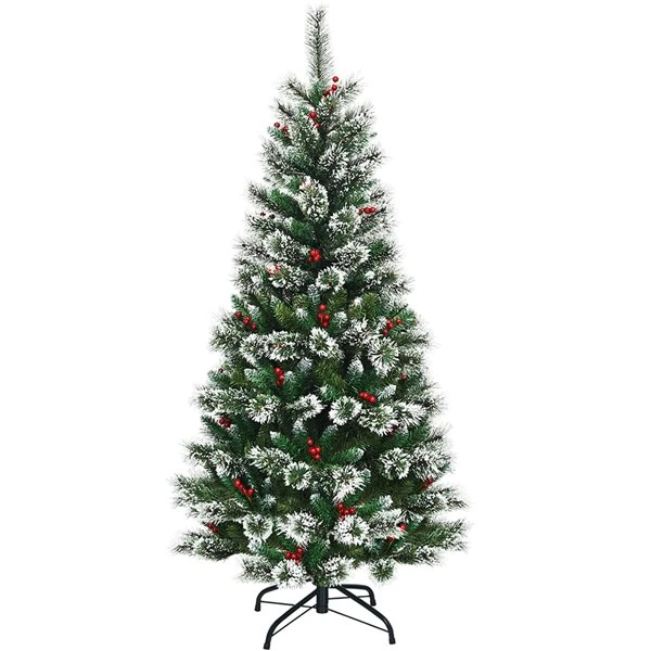 Costway 6 -ft Snow Flocked Artificial Christmas Hinged Tree With Pine Needles And Red Berries 3 Costway 6 -ft Snow Flocked Artificial Christmas Hinged Tree With Pine Needles And Red Berries
