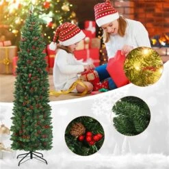 Costway 7.5-ft Pre-Lit Hinged Pencil Christmas Tree With Pine Cones Red Berries And 350 Lights -Northlight Paradise 331065176 AlternateImage2 l