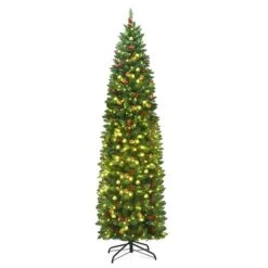 Costway 7.5-ft Pre-Lit Hinged Pencil Christmas Tree With Pine Cones Red Berries And 350 Lights -Northlight Paradise 331065176 MainImage 001 l