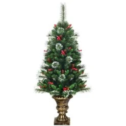 Costway 4 -ft Snowy Christmas Entrance Tree With Pine Cones Red Berries And Glitter Branches