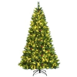 Costway 7-ft Pre-Lit Hinged Artificial Christmas Tree With Pine Cones And Red Berries