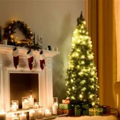 Costway 7.5-ft Snow Flocked Unlit Artificial Pencil Christmas Tree Hinged With Pine Cones -Northlight Paradise 331065236 AlternateImage4 l
