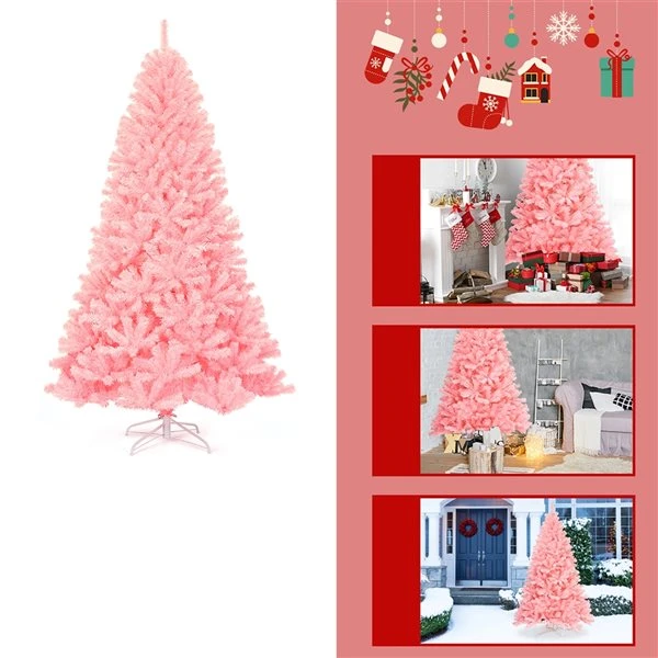Costway 7.5-ft Hinged Artificial Christmas Tree Full Fir Tree New PVC With Metal Stand In Pink 3 Costway 7.5-ft Hinged Artificial Christmas Tree Full Fir Tree New PVC With Metal Stand In Pink