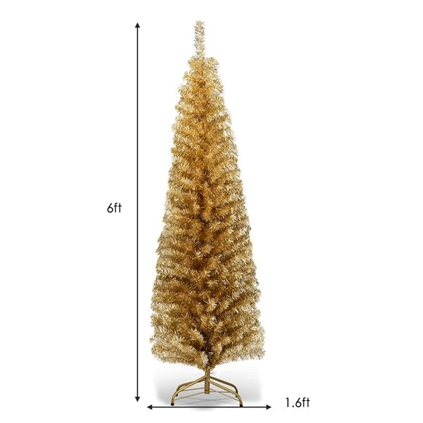 Costway 6-ft Champagne-Gold Tinsel Tree Unlit Slim Pencil Christmas Tree With Metal Stand 6 Costway 6-ft Champagne-Gold Tinsel Tree Unlit Slim Pencil Christmas Tree With Metal Stand - Image 4