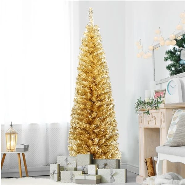 Costway 6-ft Champagne-Gold Tinsel Tree Unlit Slim Pencil Christmas Tree With Metal Stand 4 Costway 6-ft Champagne-Gold Tinsel Tree Unlit Slim Pencil Christmas Tree With Metal Stand - Image 2