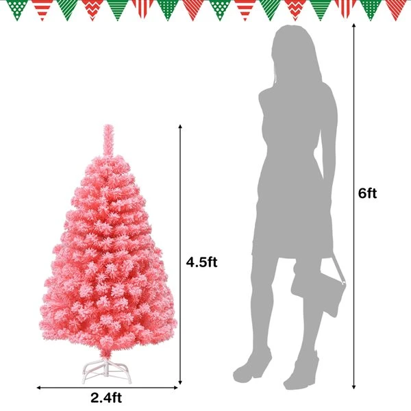 Costway 4.5-ft Full Flocked Pink Artificial Christmas Tree With Lights 5 Costway 4.5-ft Full Flocked Pink Artificial Christmas Tree With Lights - Image 3