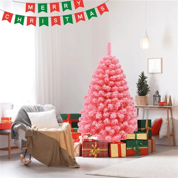 Costway 4.5-ft Full Flocked Pink Artificial Christmas Tree With Lights 4 Costway 4.5-ft Full Flocked Pink Artificial Christmas Tree With Lights - Image 2