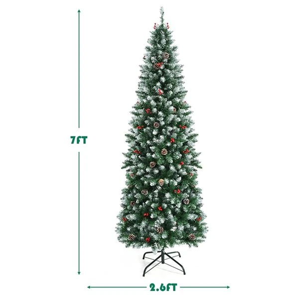 Costway 7-ft Pre-lit Slim Flocked Green Artificial Christmas Tree With 350 Warm White LED Lights 4 Costway 7-ft Pre-lit Slim Flocked Green Artificial Christmas Tree With 350 Warm White LED Lights - Image 2