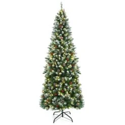 Costway 7-ft Pre-lit Slim Flocked Green Artificial Christmas Tree With 350 Warm White LED Lights