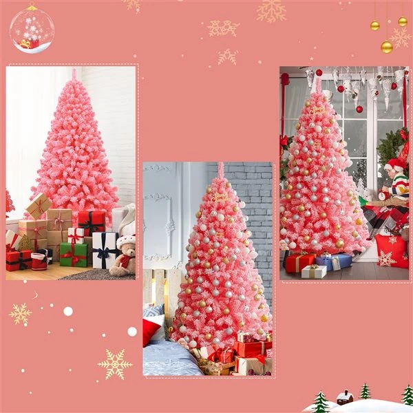Costway 7.5-ft Full Flocked Pink Artificial Christmas Tree With Lights 3 Costway 7.5-ft Full Flocked Pink Artificial Christmas Tree With Lights