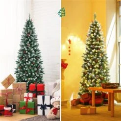 Costway 6-ft Pre-lit Slim Flocked Green Artificial Christmas Tree With 300 Warm White LED Lights -Northlight Paradise 331066811 AlternateImage3 l