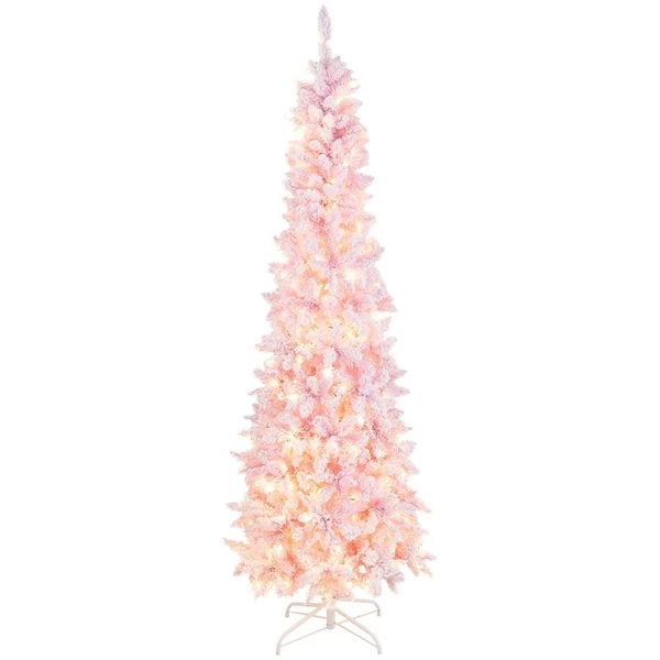 Costway 7-ft Pre-Lit Snow Flocked Hinged Pink Christmas Tree With 300 Warm White LED Lights - 8 Flash Modes 4 Costway 7-ft Pre-Lit Snow Flocked Hinged Pink Christmas Tree With 300 Warm White LED Lights - 8 Flash Modes - Image 2