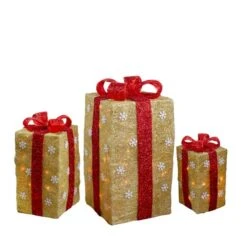 Northlight Set Of 3 18-in Free Standing Gold Gift Boxes Christmas Decor With Lights