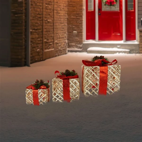 Northlight Set Of 3 9.75-in White Rope Gift Box Christmas Decoration With Lights 3 Northlight Set Of 3 9.75-in White Rope Gift Box Christmas Decoration With Lights
