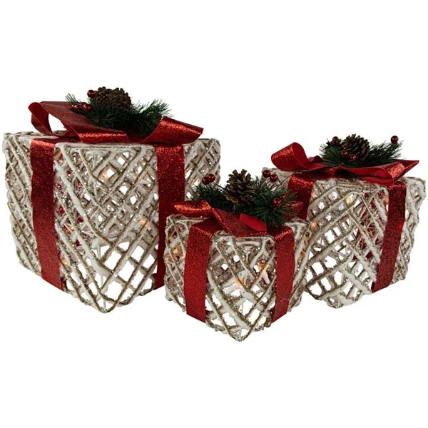 Northlight Set Of 3 9.75-in White Rope Gift Box Christmas Decoration With Lights 5 Northlight Set Of 3 9.75-in White Rope Gift Box Christmas Decoration With Lights - Image 3